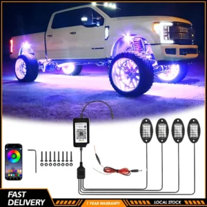 New Universal 4 Pods RGB Car LED Rock Lights High Brightness Multifunction Neon Underglow Kit Waterproof Light With APP Control Music Mode Dynamic Multicolor Lights For Trucks SUV Golf Cart ATV RZR UTV Pickup Off Road